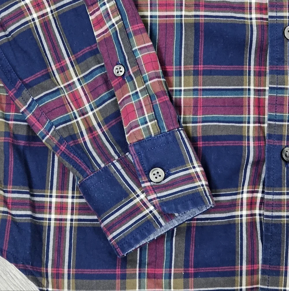 Banana Republic Men’s Small Slim Fit Plaid Button-Down Navy Burgundy Cotton